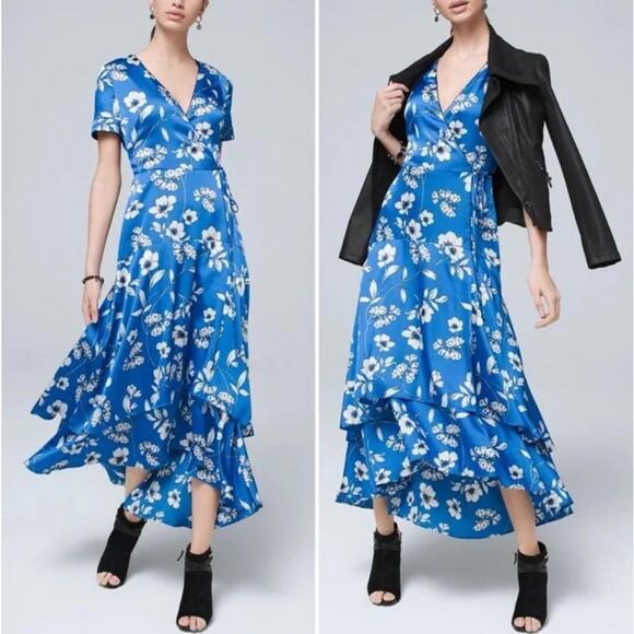 White House Black Market Blue Floral Satin Faux Wrap Midi Maxi Dress Size 4 - Picture 1 of 10